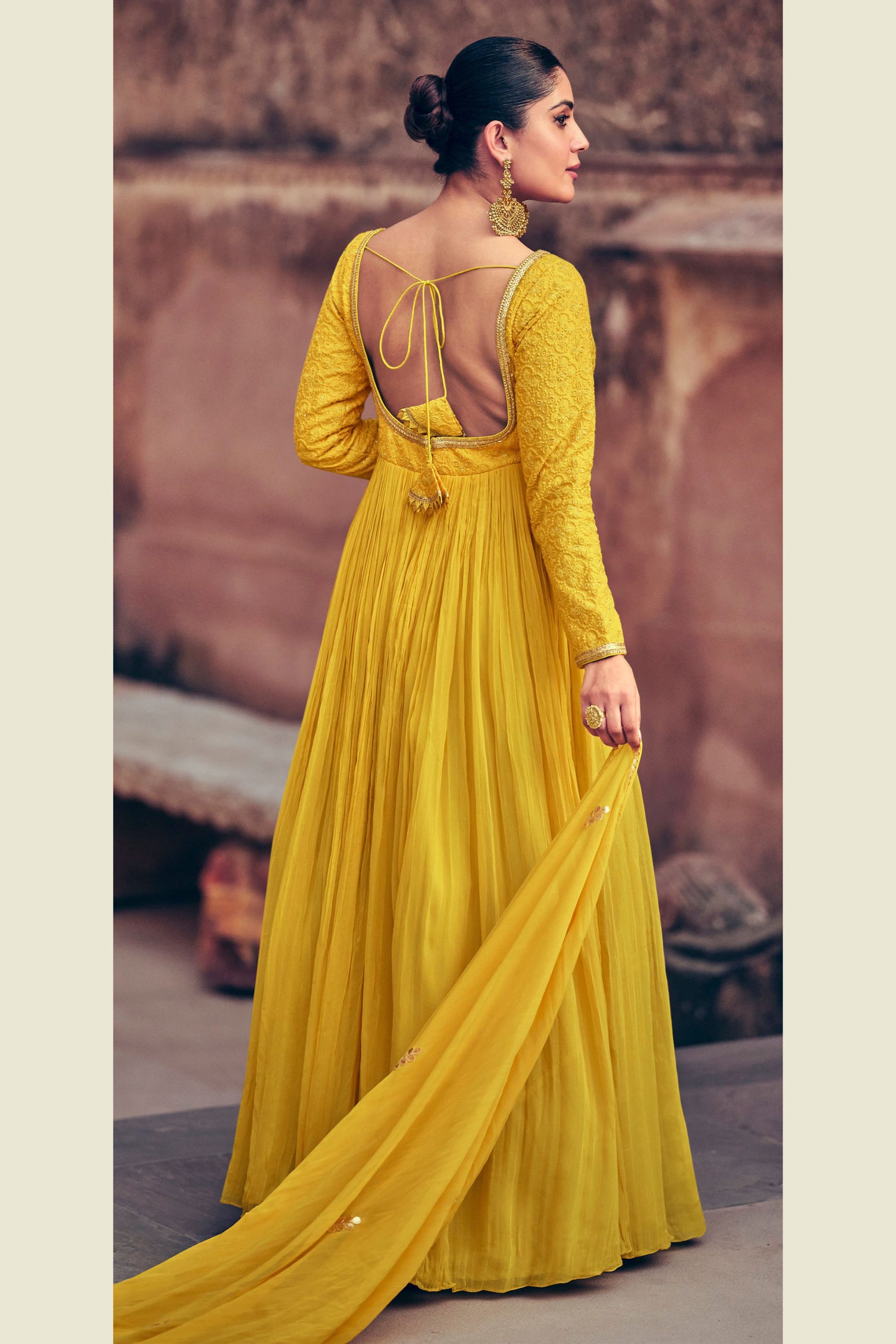 Yellow Silk Georgette Floor Full Length Embroidered Anarkali Gown For Indian Festivals & Pakistani Weddings - Embroidery Work