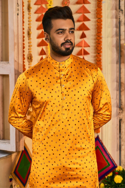 Yellow Silk Kurta Pyjama for Men For Navratri Garba Festivals - Print Work