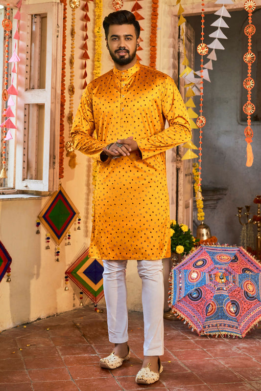 Yellow Silk Kurta Pyjama for Men For Navratri Garba Festivals - Print Work