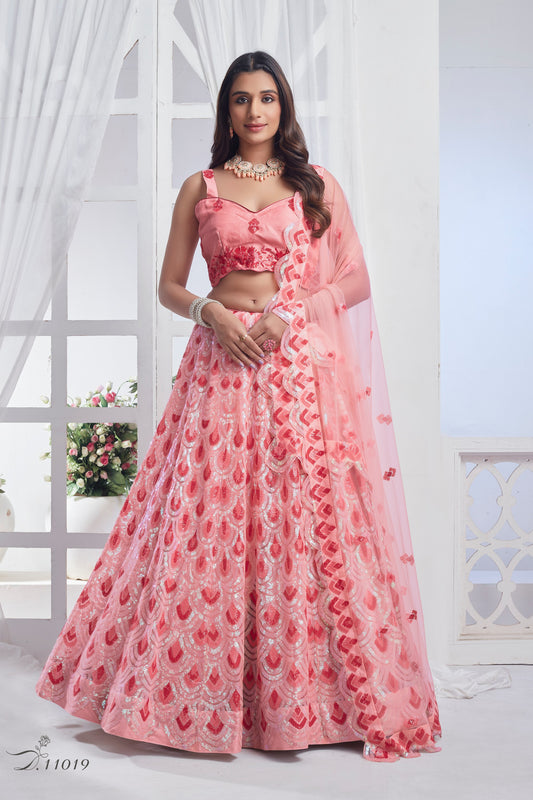 Peach Net Embroidered Lehenga Choli For Indian Festival & Pakistani Wedding - Sequence Embroidery Work