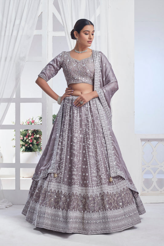Gray Net Embroidered Lehenga Choli For Indian Festival & Pakistani Wedding - Sequence Embroidery Work