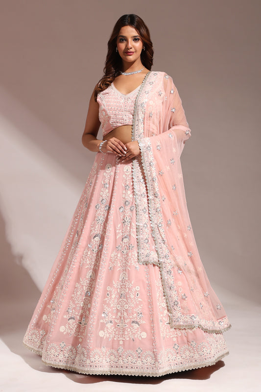 Pink Georgette Lehenga Choli For Indian Festivals & Wedding - Thread Embroidery Work, Sequence Embroidery Work