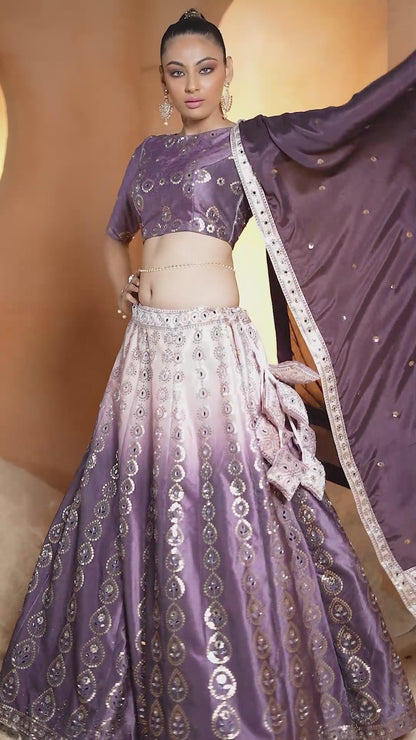 Purple Printed Velvet Lehenga Choli For Indian Festivals & Weddings - Sequence Embroidery Work, Mirror Work