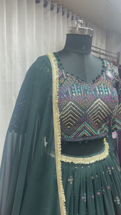 Green Georgette Lehenga Choli For Indian Festivals & Weddings - Thread Embroidery Work, Foil Mirror Work
