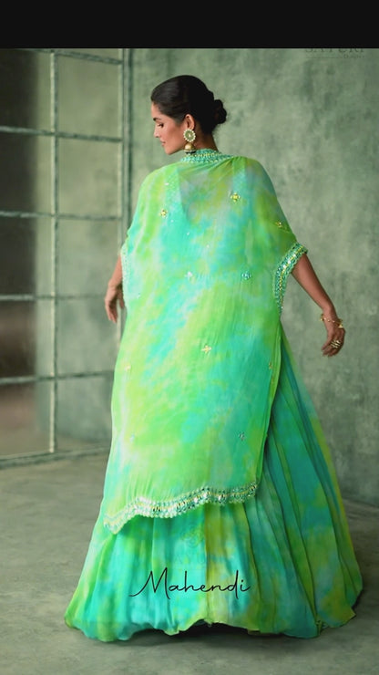 Green Georgette Dual Tone Printed Lehenga Choli For Indian Festivals & Weddings - Print Work, Embroidery Work