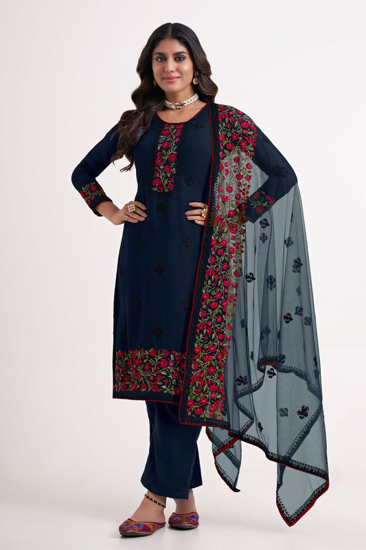 Blue Pakistani Georgette Salwar Kameez For Indian Festivals & Weddings - Sequence Embroidery Work, Thread Embroidery Work, Stone Work, Zari Work