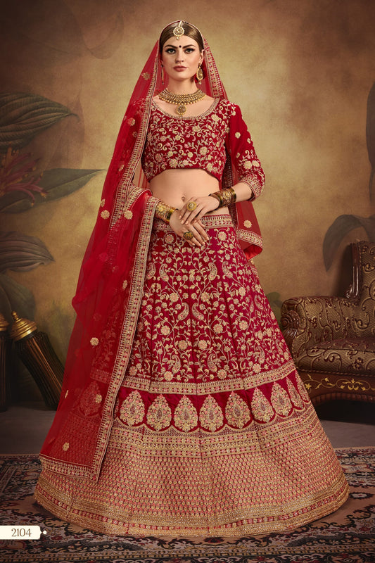 Red Pakistani Velvet Lehenga Choli For Indian Festivals & Weddings - Thread Embroidery Work,