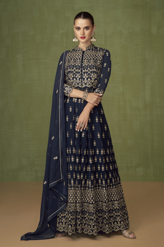 Blue Pakistani Georgette Anarkali Gown For Indian Festivals & Weddings - Thread Embroidery Work,
