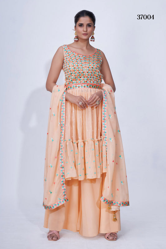 Peach Pakistani Chiffon Plazo For Indian Festivals & Weddings - Thread Embroidery Work, Mirror Work, Beads Work