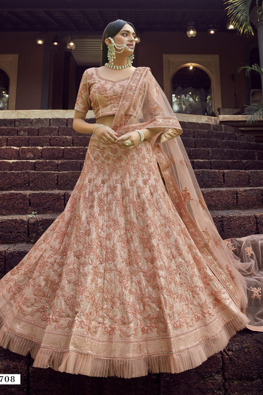 Peach Pakistani Georgette Lehenga Choli For Indian Festivals & Weddings - Sequence Embroidery Work, Resham Embroidery Work,