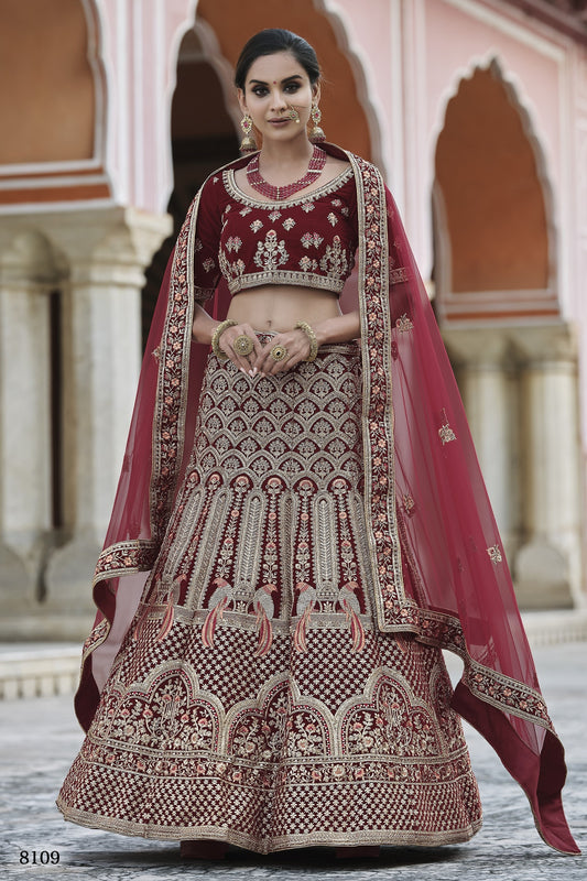 Maroon Pakistani Velvet Lehenga Choli For Indian Festivals & Weddings - Thread Embroidery Work,