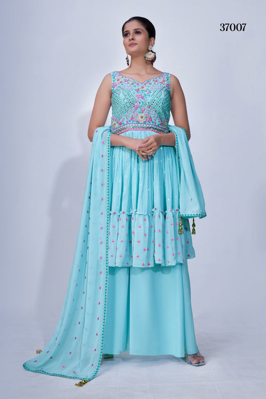 Turquoise Pakistani Chiffon Plazo For Indian Festivals & Weddings - Thread Embroidery Work, Mirror Work, Beads Work