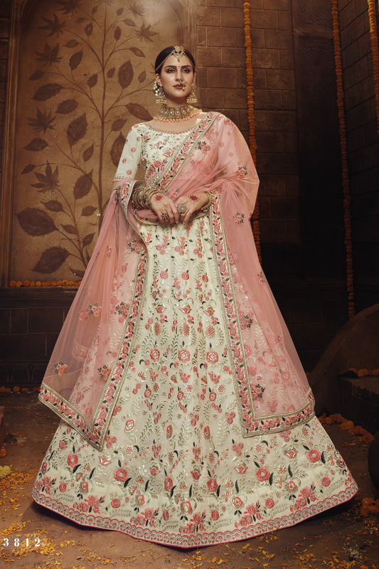 Cream Pakistani Georgette Lehenga Choli For Indian Festivals & Weddings - Thread Embroidery Work, Dori Work, Zarkan Work