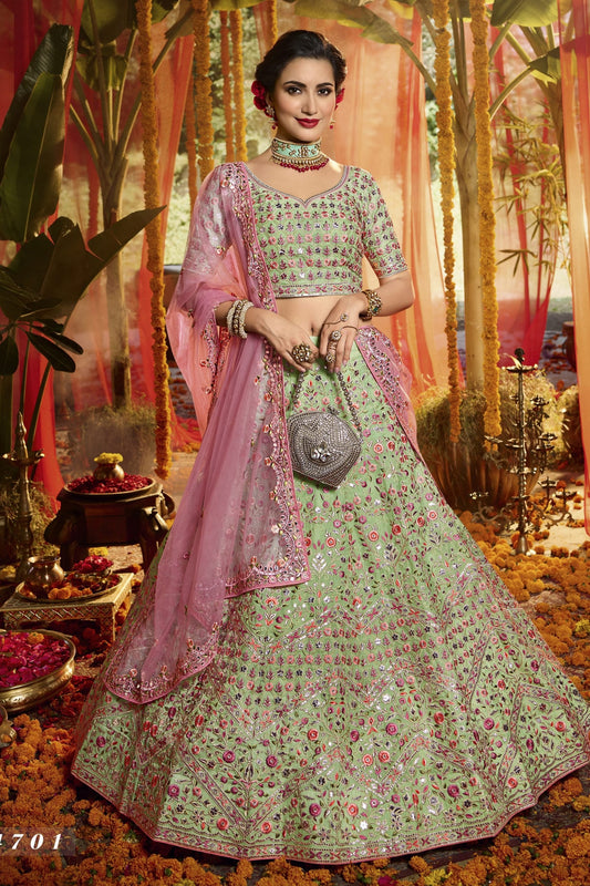 Green Pakistani Organza Lehenga Choli For Indian Festivals & Weddings - Thread Embroidery Work, Foil Mirror Work, Mirror Work, Zari Work