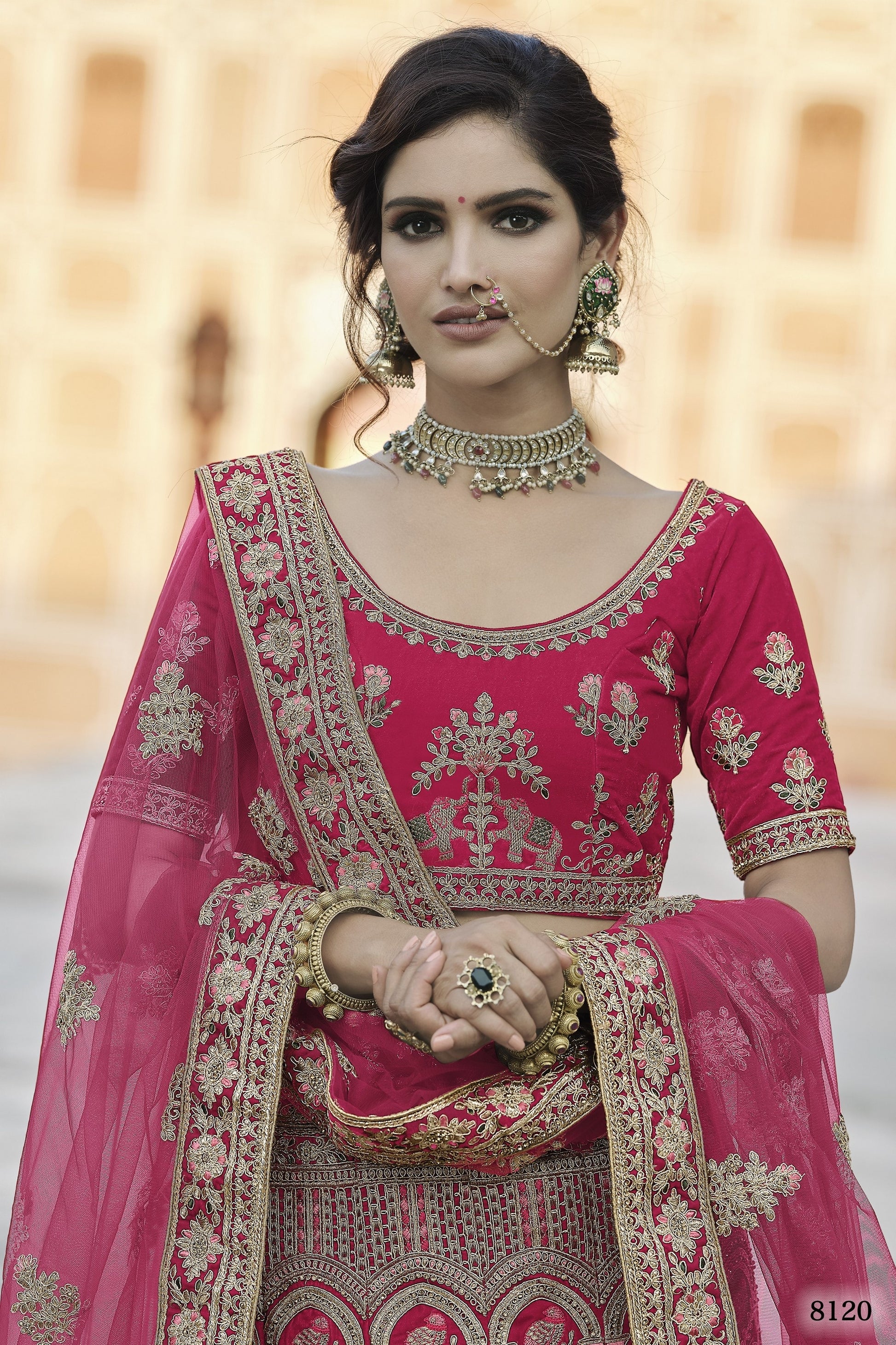 Pink Pakistani Velvet Lehenga Choli For Indian Festivals & Weddings - Thread Embroidery Work,