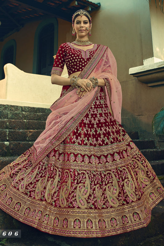 Maroon Pakistani Velvet Lehenga Choli For Indian Festivals & Weddings - Embroidery Work, Handwork Work