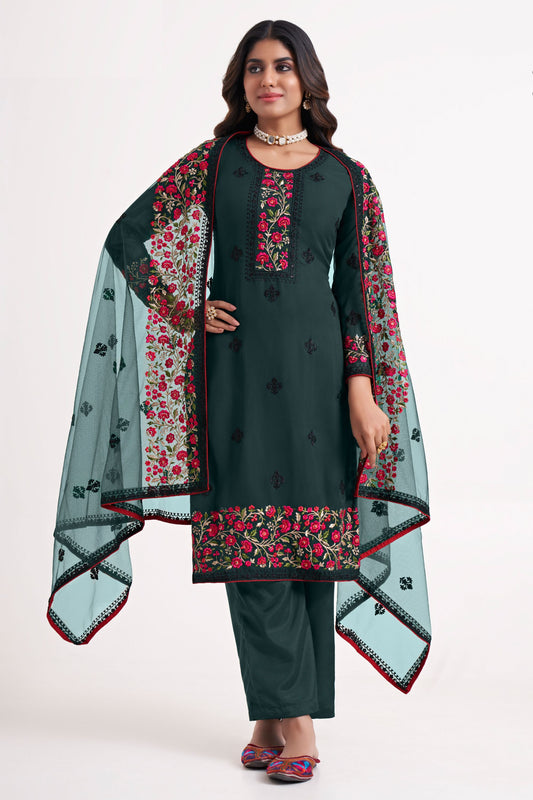 Green Pakistani Georgette Salwar Kameez For Indian Festivals & Weddings - Sequence Embroidery Work, Thread Embroidery Work, Stone Work, Zari Work