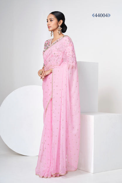 Baby Pink Indian Art Silk Saree For Indian Festivals & Weddings - Sequence Embroidery Work, Thread Embroidery Work, Mukaish Work