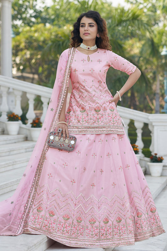 Baby Pink Pakistani Chinon Lehenga Choli For Indian Festivals & Weddings - Sequence Embroidery Work, Thread Embroidery Work,