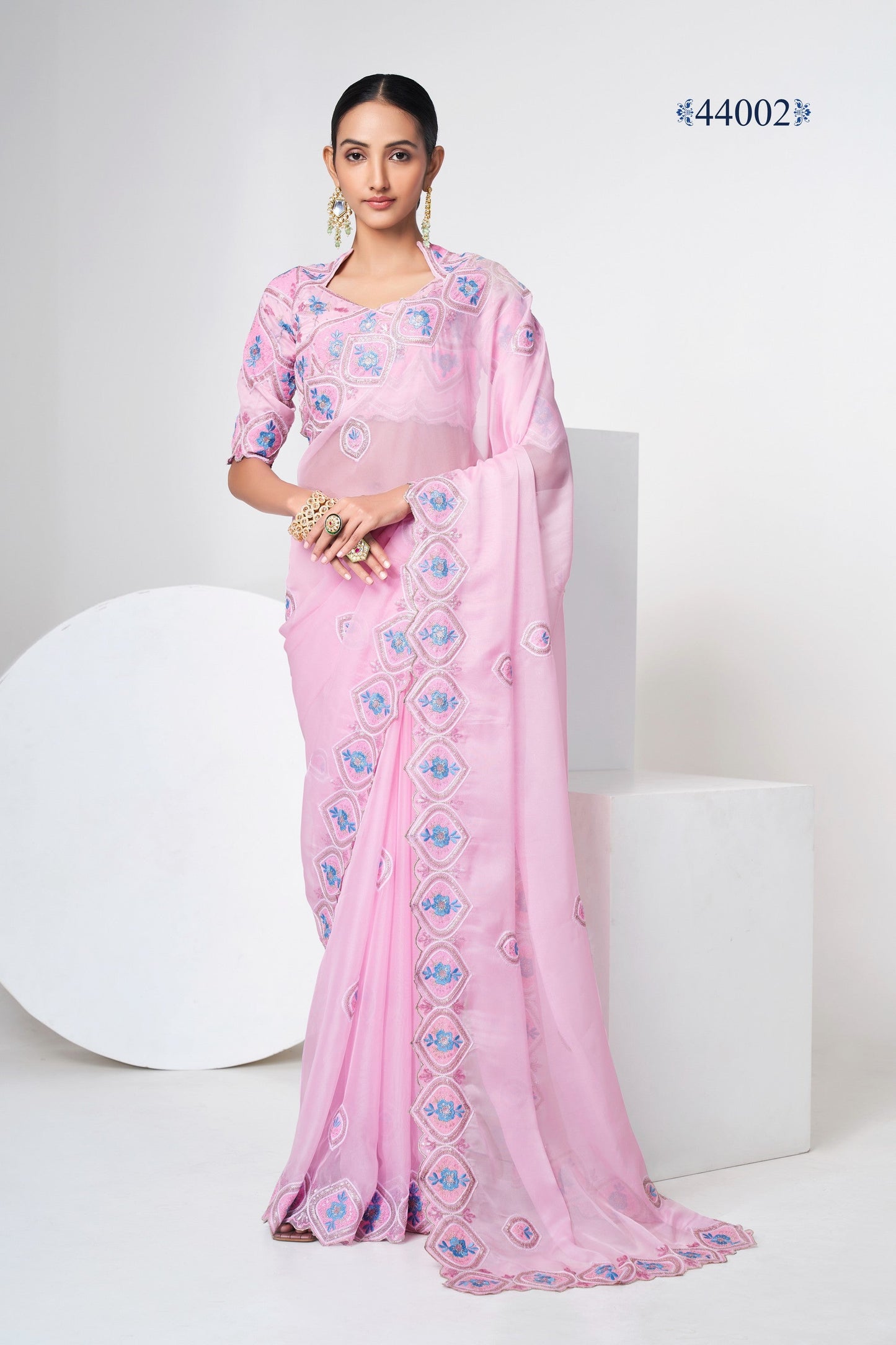 Baby Pink Indian Organza Saree For Indian Festivals & Weddings - Sequence Embroidery Work, Thread Embroidery Work,
