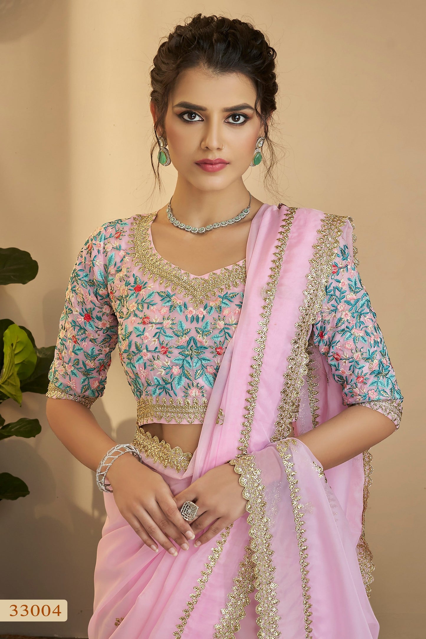 Baby Pink Organza Sarees with Blouse for Wedding | Indian Festival Sari - Thread Embroidery Work, Zari Work