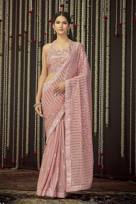 Baby Pink Pakistani Art Silk Saree For Indian Festival & Weddings - Sequence Embroidery Work, Thread Embroidery Work,