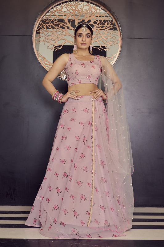 Baby Pink Pakistani Georgette Lehenga Choli For Indian Festival & Weddings - Print Work,