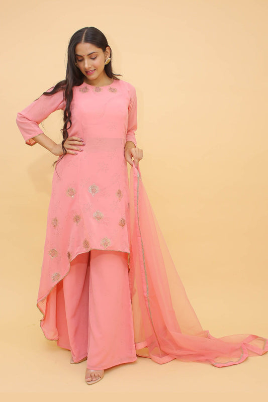 Baby Pink Pakistani Georgette Plazo Suit For Indian Festival & Weddings - Rubber Print Work, Swarovski Work