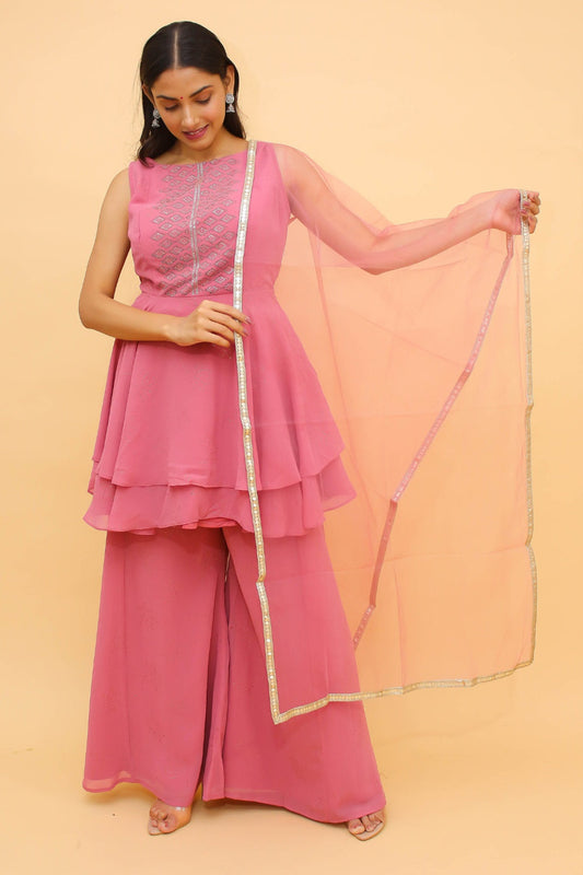Baby Pink Pakistani Georgette Plazo Suit For Indian Festival & Weddings - , Swarovski Work