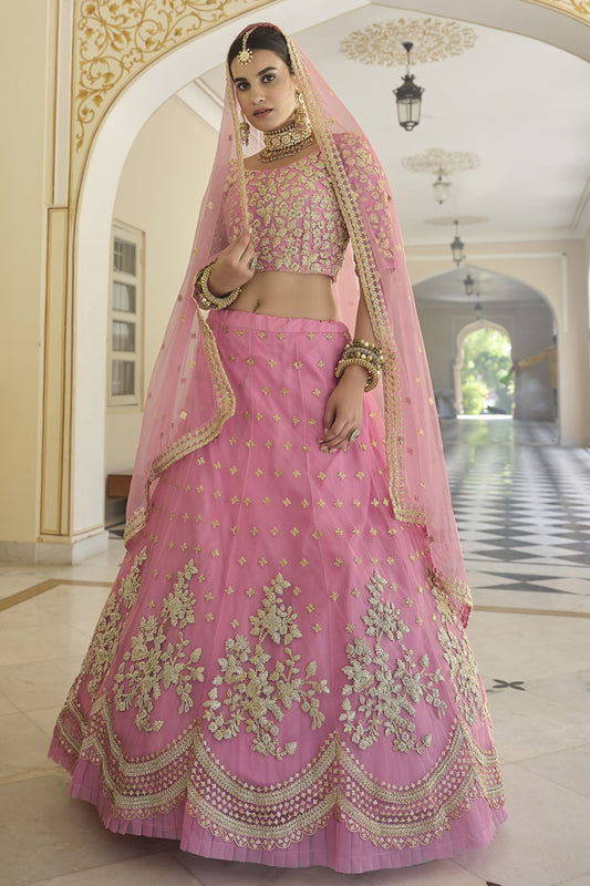 Baby Pink Pakistani Net Lehenga Choli For Indian Festival & Weddings - Sequence Embroidery Work, Dori Work