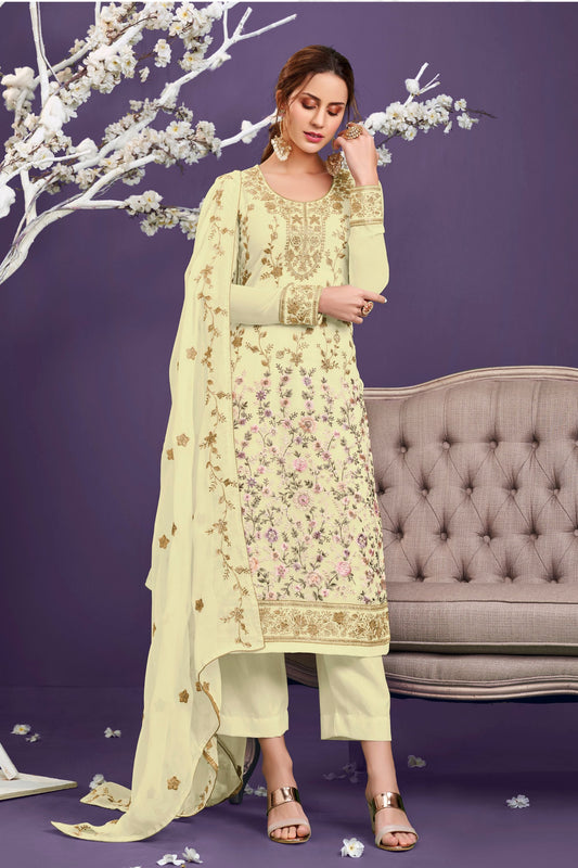 Beige Pakistani Georgette Plazo For Indian Festivals & Weddings - Thread Embroidery Work, Zari Work