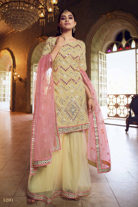 Beige Pakistani Organza Sharara For Festivals & Indian Weddings - Thread Embroidery Work, Foil Mirror Work,