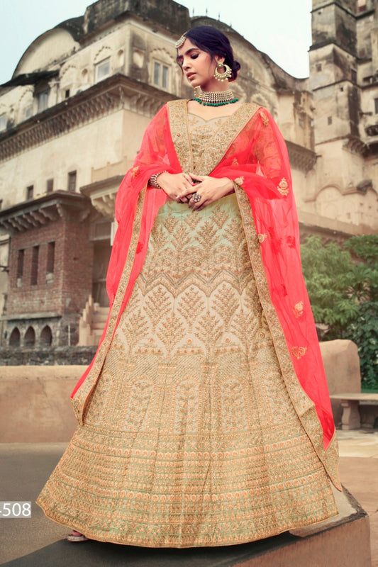 Beige Pakistani Satin Lehenga Choli For Indian Festival & Weddings - Thread Embroidery Work, Glitter Embroidery, Stone Work, Zari Work, Glitter Work