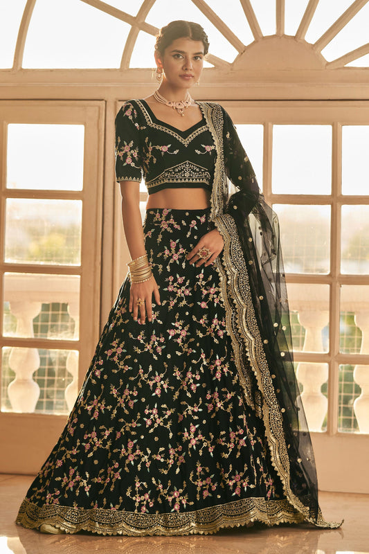 Black Pakistani Chinon Floral Embroidered Lehenga Choli For Indian Festivals & Weddings - Sequence Embroidery Work, Thread Embroidery Work, Zari Work
