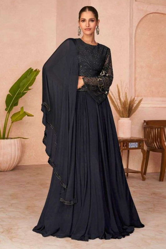 Black Pakistani Georgette Anarkali Gown For Indian Festivals & Weddings - Thread Embroidery Work,