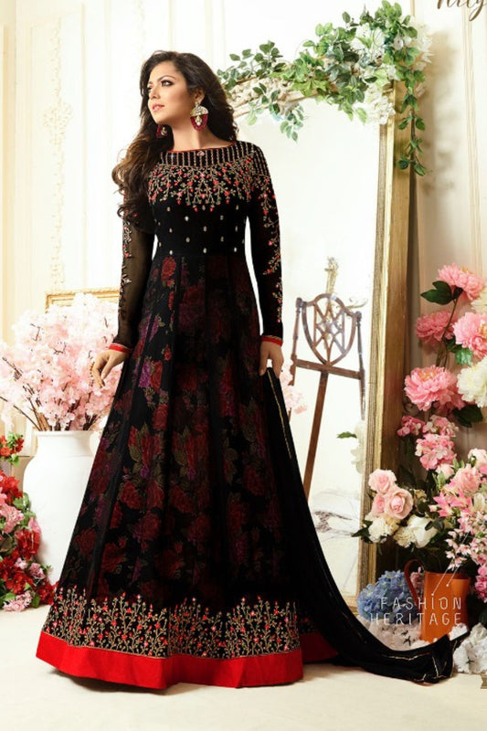 Black Pakistani Georgette Anarkali Gown For Wedding & Festival - Embroidery Work
