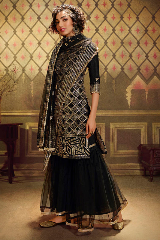 Black Pakistani Net Sharara For Festivals & Indian Weddings - Sequence Embroidery Work,