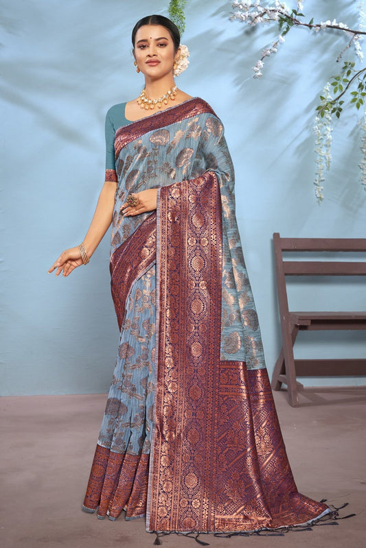 Blue Gray Cotton Sarees with Blouse for Wedding | Indian Festival Sari - Woven
