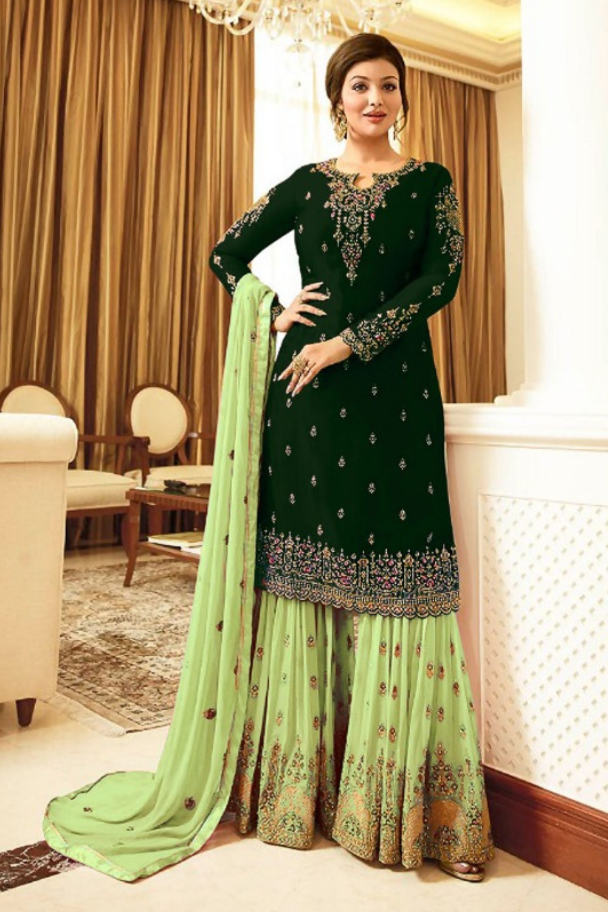 Green Georgette Sharara Set for Women for Wedding & Mehndi Ceremory - Thread Embroidery Work 48 Green Georgette Sharara Set for Women for Wedding & Mehndi Ceremory - Thread Embroidery Work 48