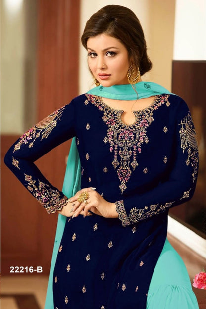Blue Pakistani Georgette Plazo For Wedding & Festival - Embroidery Work