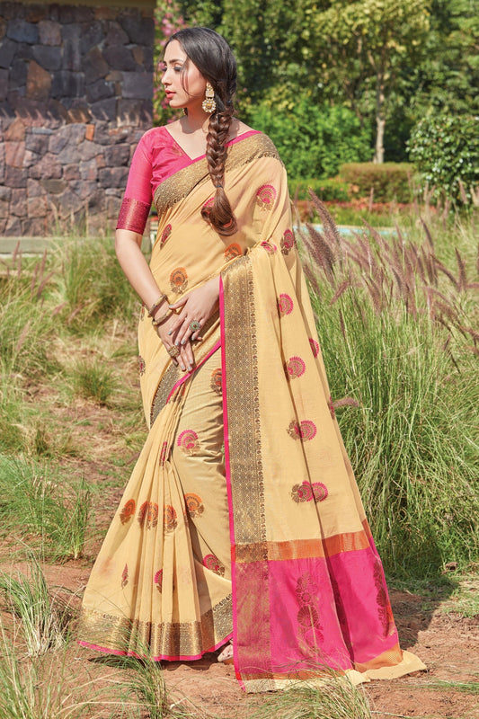 Cotton Handloom Sarees with Blouse for Weddings | Indian Sari for Festival - Woven