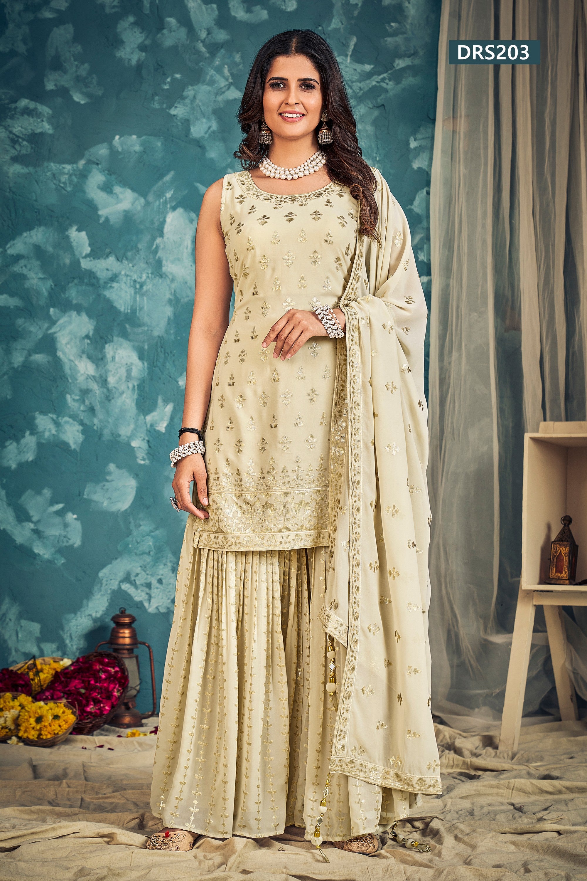 Sleeveless Sharara Dress : Shop Cream Party Wear Embroidery Suit HATKE BRIDE Sleeveless Sharara Dress : Shop Cream Party Wear Embroidery Suit HATKE BRIDE