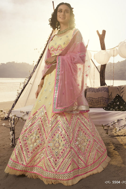 Cream Pakistani Organza Lehenga Choli For Indian Festivals & Weddings - Thread Embroidery Work, Foil Mirror Work, Mirror Work
