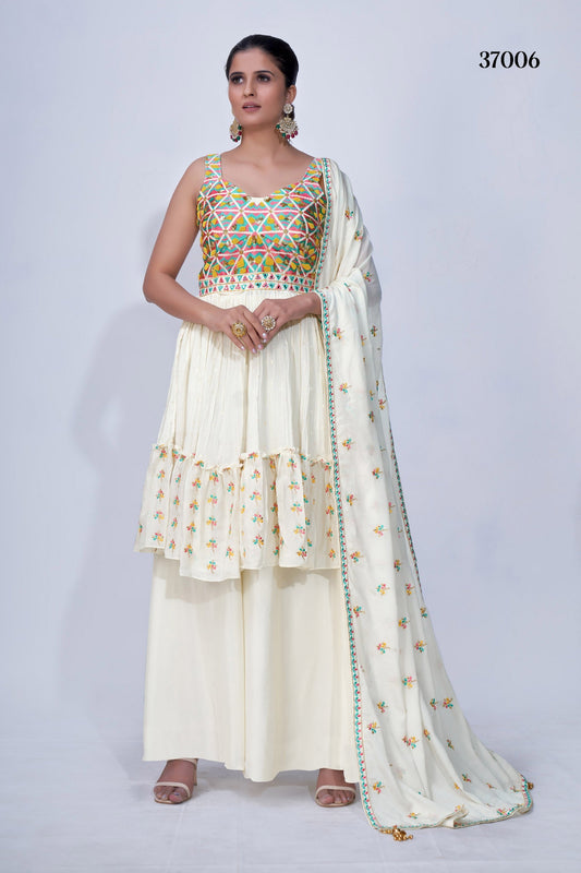 Cream Pakistani Chiffon Plazo For Indian Festivals & Weddings - Sequence Embroidery Work, Thread Embroidery Work, Beads Work