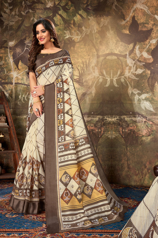 Cream Cotton Sarees with Blouse for Weddings | Indian Sari for Festival - Woven