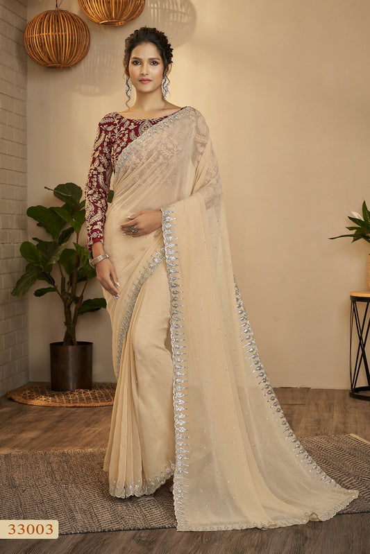 Cream Georgette Sarees with Blouse for Wedding | Indian Festival Sari - Sequence Embroidery Work, Zari Work