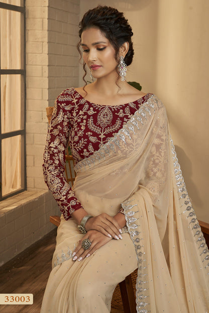 Cream Georgette Sarees with Blouse for Wedding | Indian Festival Sari - Sequence Embroidery Work, Zari Work