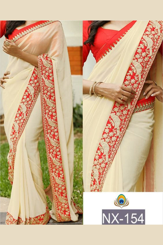 Cream Indian Georgette Plain Sarees with Blouse for Wedding | Indian Festival Sari - Woven