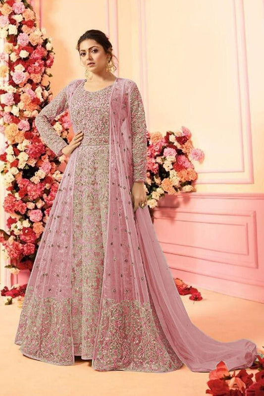 Cream Pakistani Net Anarkali Gown For Wedding & Festival - Embroidery Work