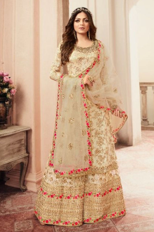 Cream Pakistani Satin Georgette Plazo For Wedding & Festival - Embroidery Work